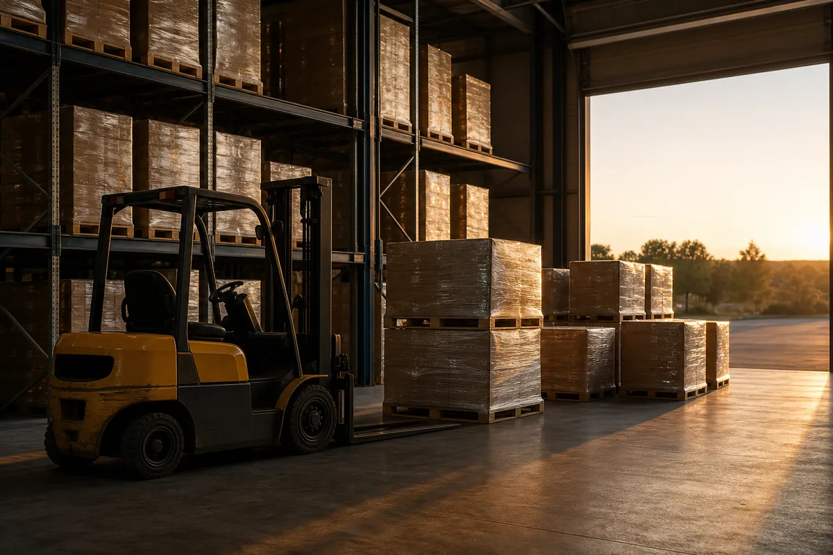 Chariot élévateur à l&rsquo;arrêt devant des palettes filmées dans un entrepôt