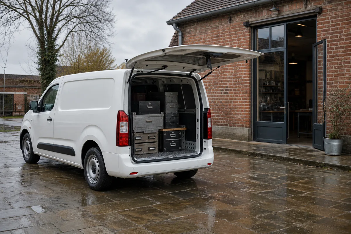 Camionnette utilitaire blanche au hayon ouvert devant un local artisanal