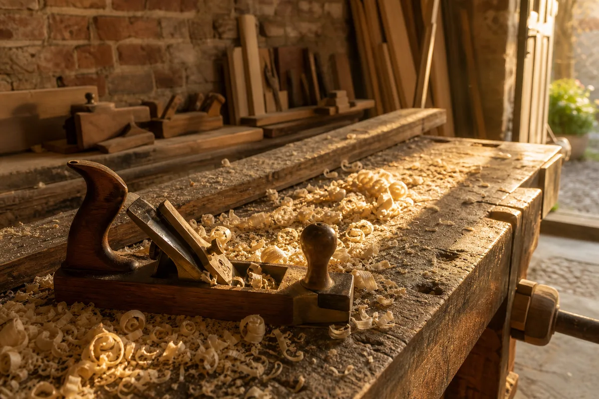 Atelier de menuiserie avec établi en bois et copeaux, lumière rasante de fin de journée