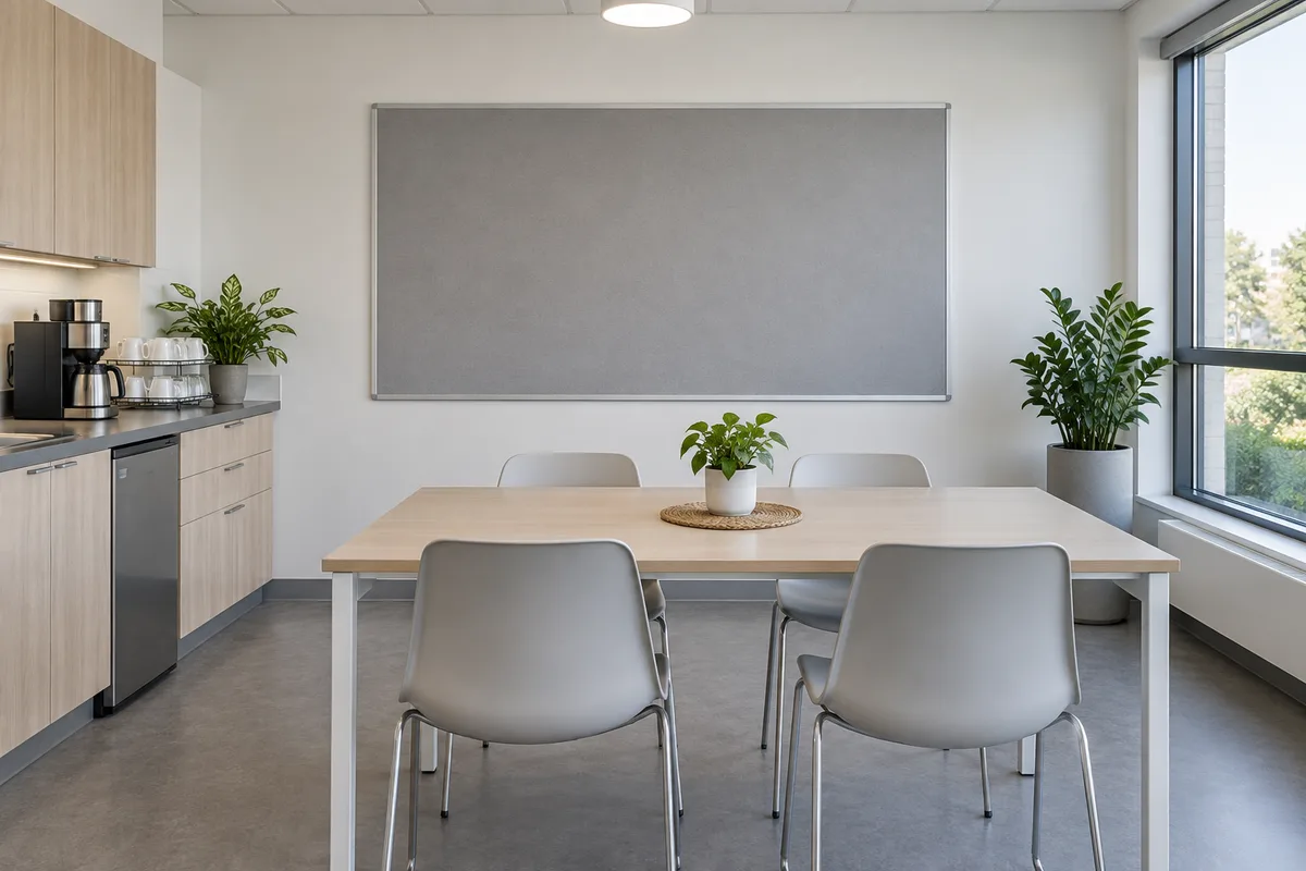 Salle de pause d’entreprise propre avec un panneau mural vierge au-dessus d’une table