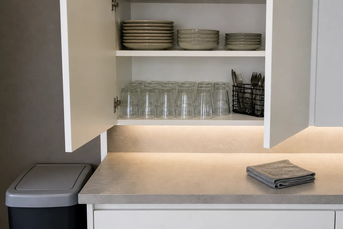 Rangement fermé et vaisselle empilée dans un coin cuisine d&rsquo;entreprise