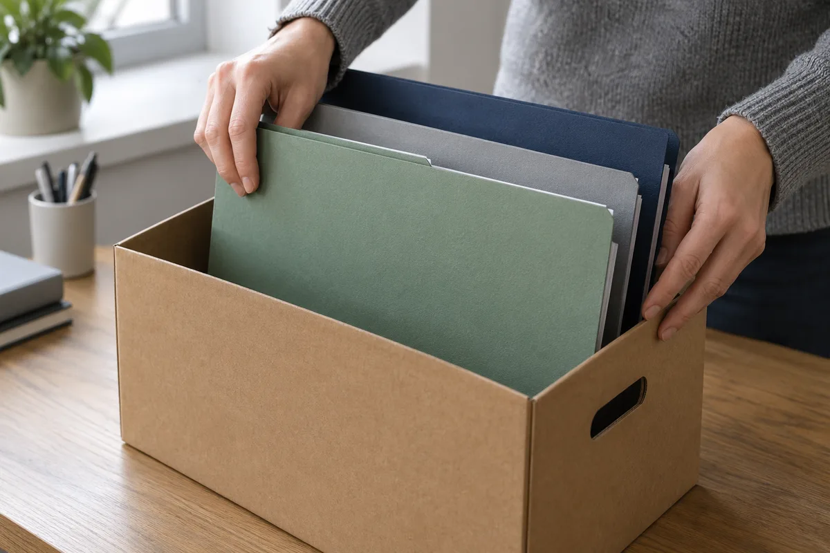 Mains rangeant des dossiers à couverture unie dans une boîte d’archives