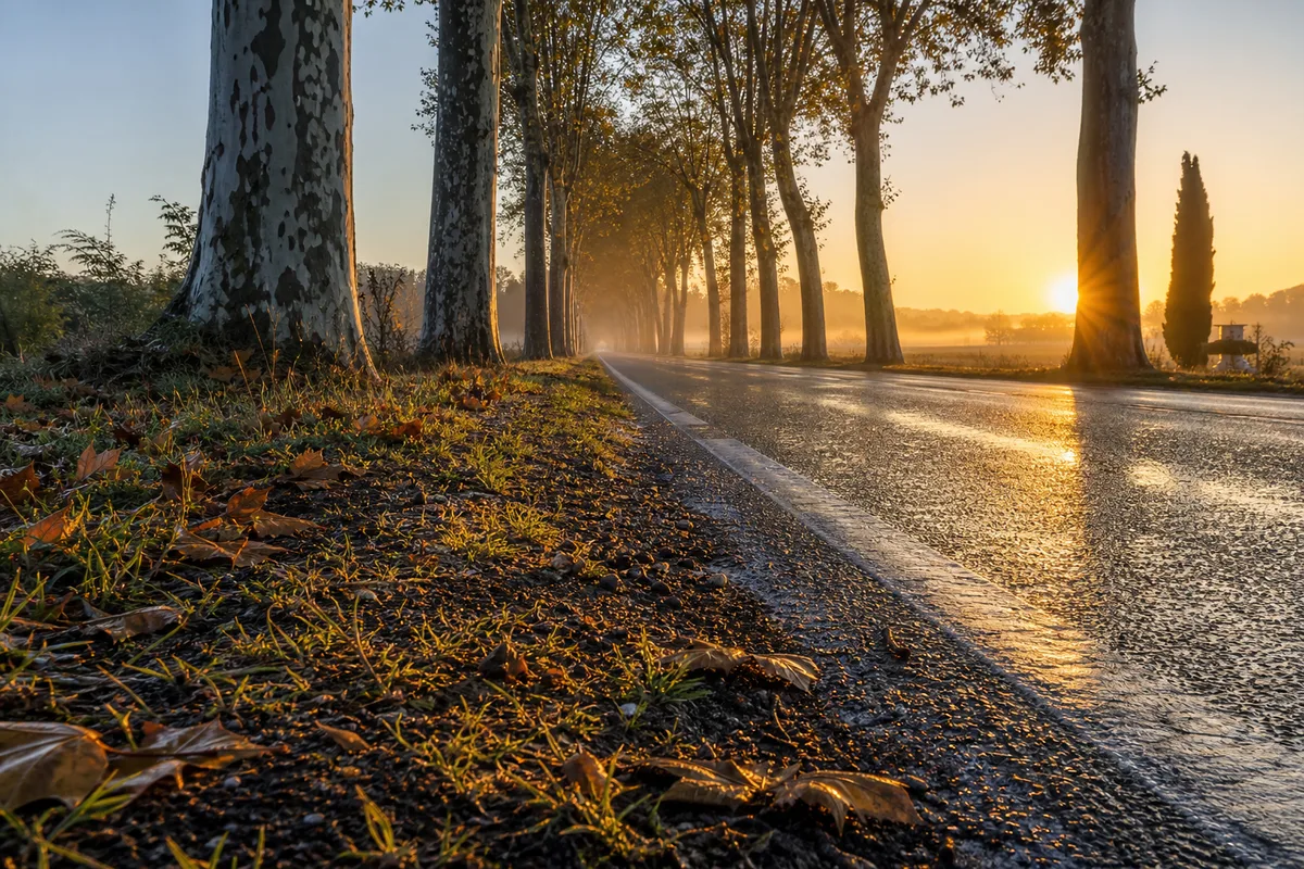 Route départementale française bordée de platanes au lever du soleil, asphalte humide, cadrage bas depuis le bord de la chaussée