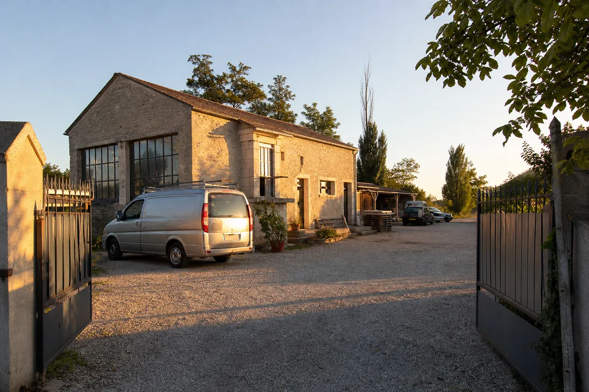 Aire de stationnement en gravier devant un atelier artisanal en fin de journée, ombres longues et portail métallique entrouvert