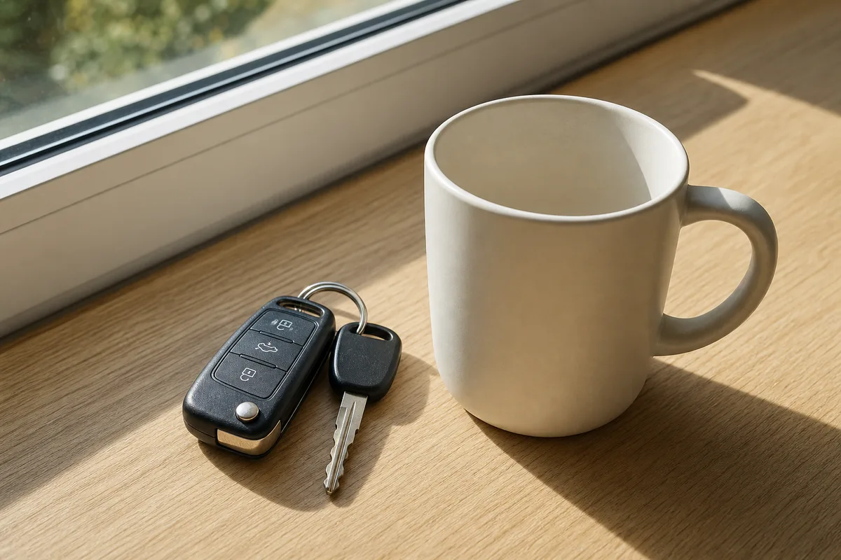 Plan de travail en bois clair près d&rsquo;une fenêtre, trousseau de clés de voiture et tasse posés, lumière naturelle rasante