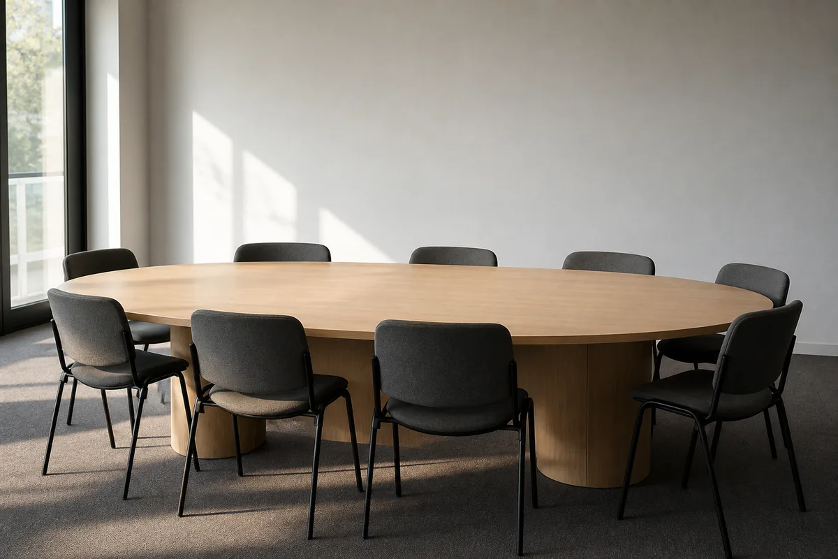 Salle de réunion vide dans une petite entreprise française, lumière du matin sur une table en bois clair et deux chaises face à face
