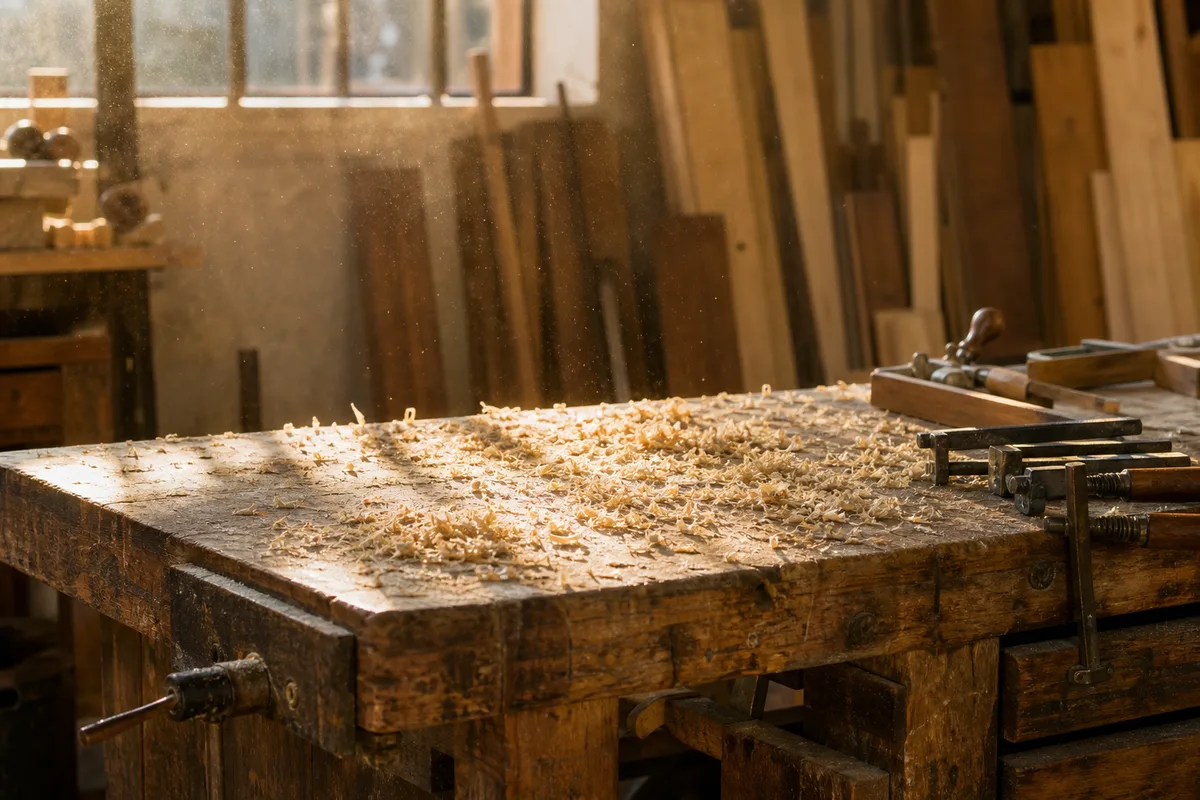 Atelier de menuiserie française en fin de journée, établi vide, copeaux de bois et lumière rasante par une verrière