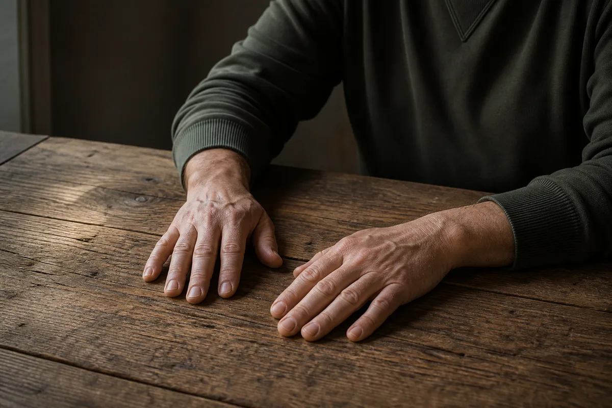 Mains posées à plat sur une table en bois brut, avant-bras visibles, lumière naturelle latérale