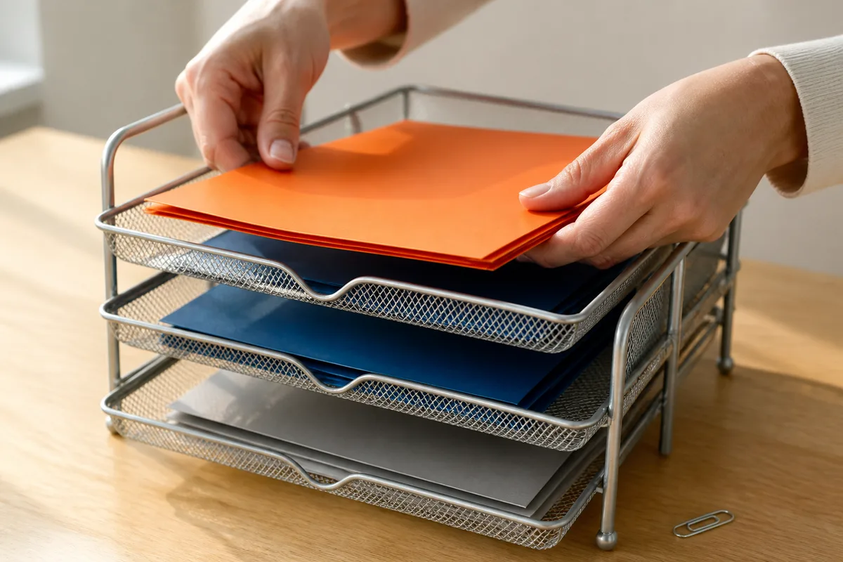 Mains rangeant des chemises cartonnées de couleur dans une bannette métallique sur un plan de travail en bois clair
