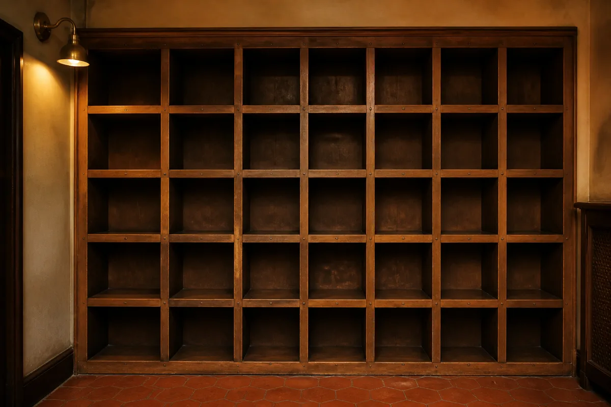 Mur de casiers de tri en bois patiné dans une arrière-salle, cases alignées et lumière chaude d&rsquo;applique murale