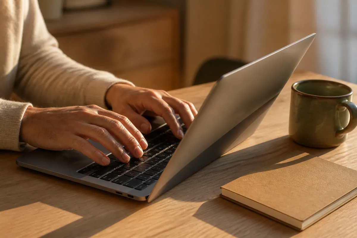 Mains posées sur le clavier d&rsquo;un ordinateur portable en aluminium, écran orienté hors champ, lumière latérale de fin de journée