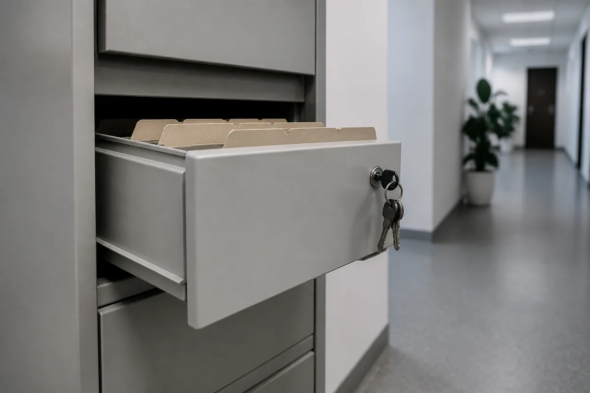 Armoire à dossiers métallique entrouverte dans un couloir de bureau, trousseau de clés sur la serrure, plante verte en arrière-plan