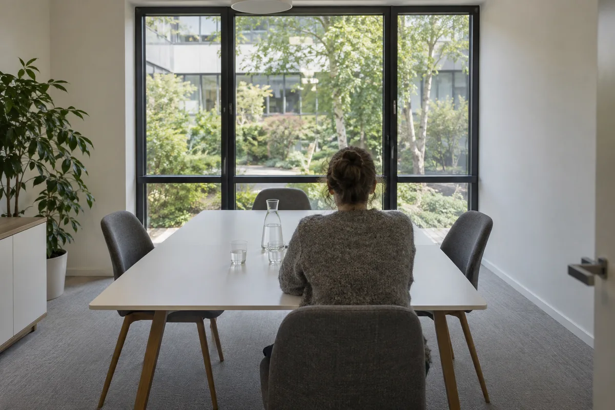 Vue de dos d&rsquo;une personne assise seule dans une salle de réunion claire, face à une fenêtre sur une cour arborée
