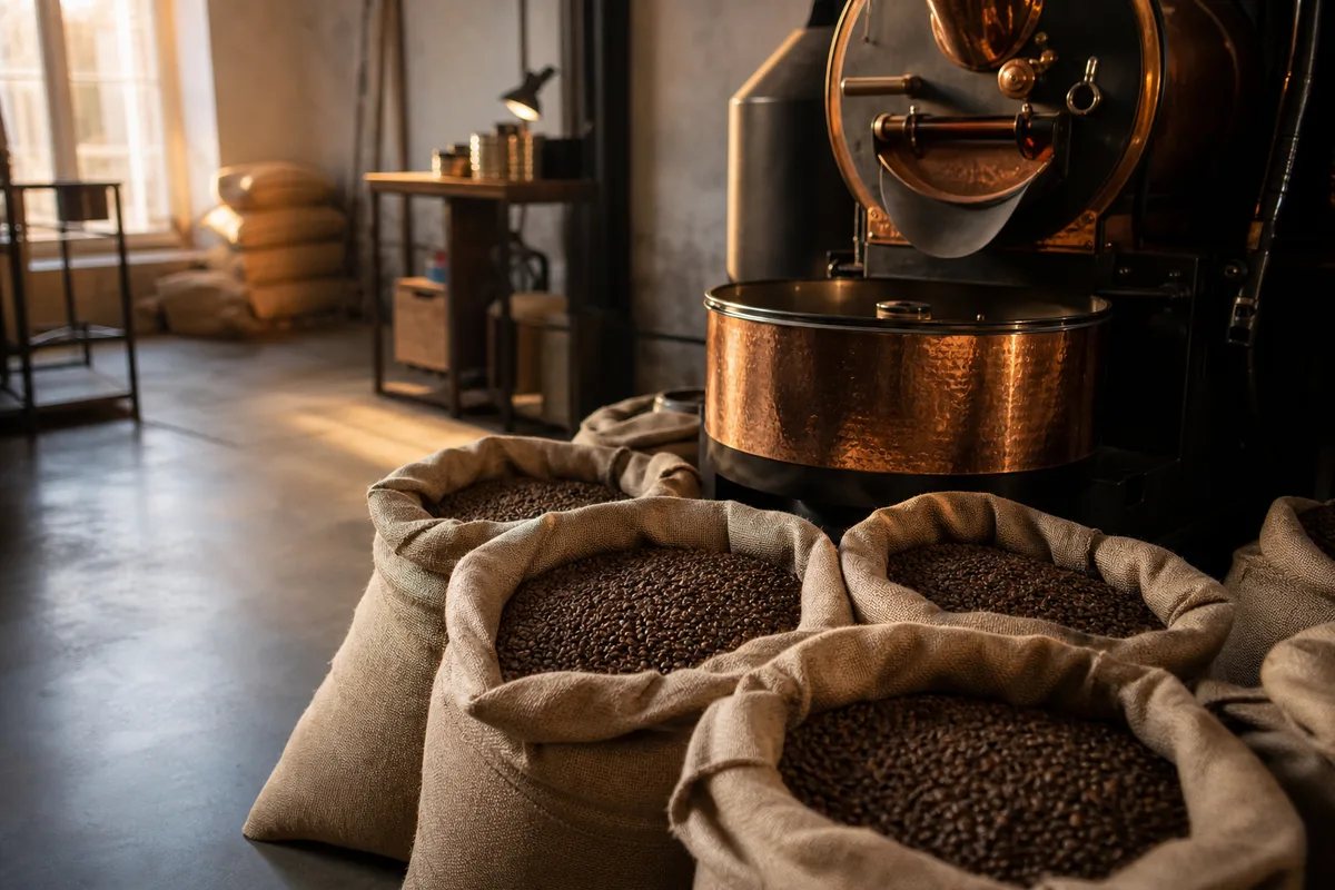 Sacs de café en grain torréfié dans un atelier de torréfaction