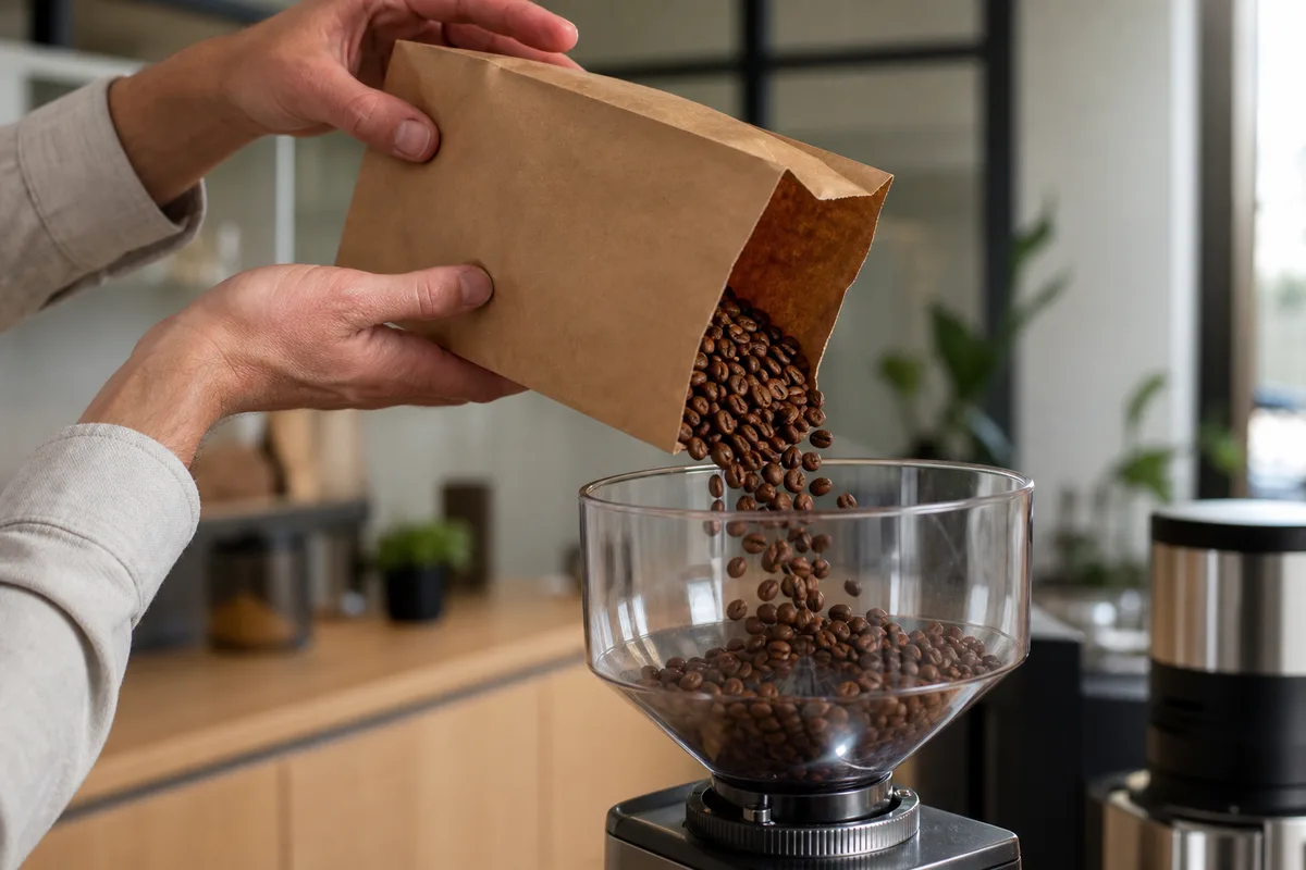 Barista versant des grains de café dans le bac d’un moulin professionnel