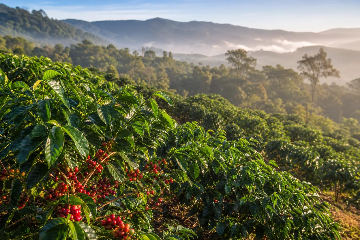 Plantation de caféiers en zone tropicale avec collines en arrière-plan