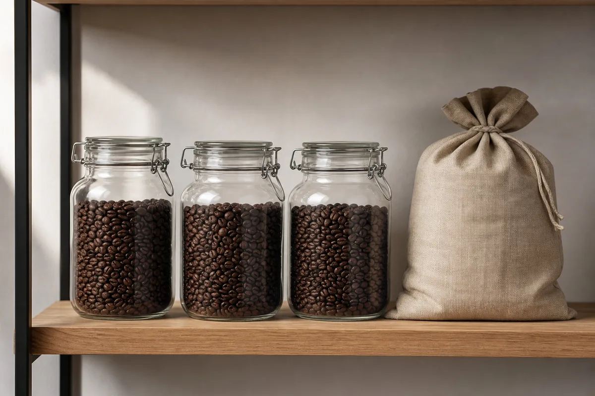 Bocaux hermétiques de grains de café alignés sur une étagère de réserve
