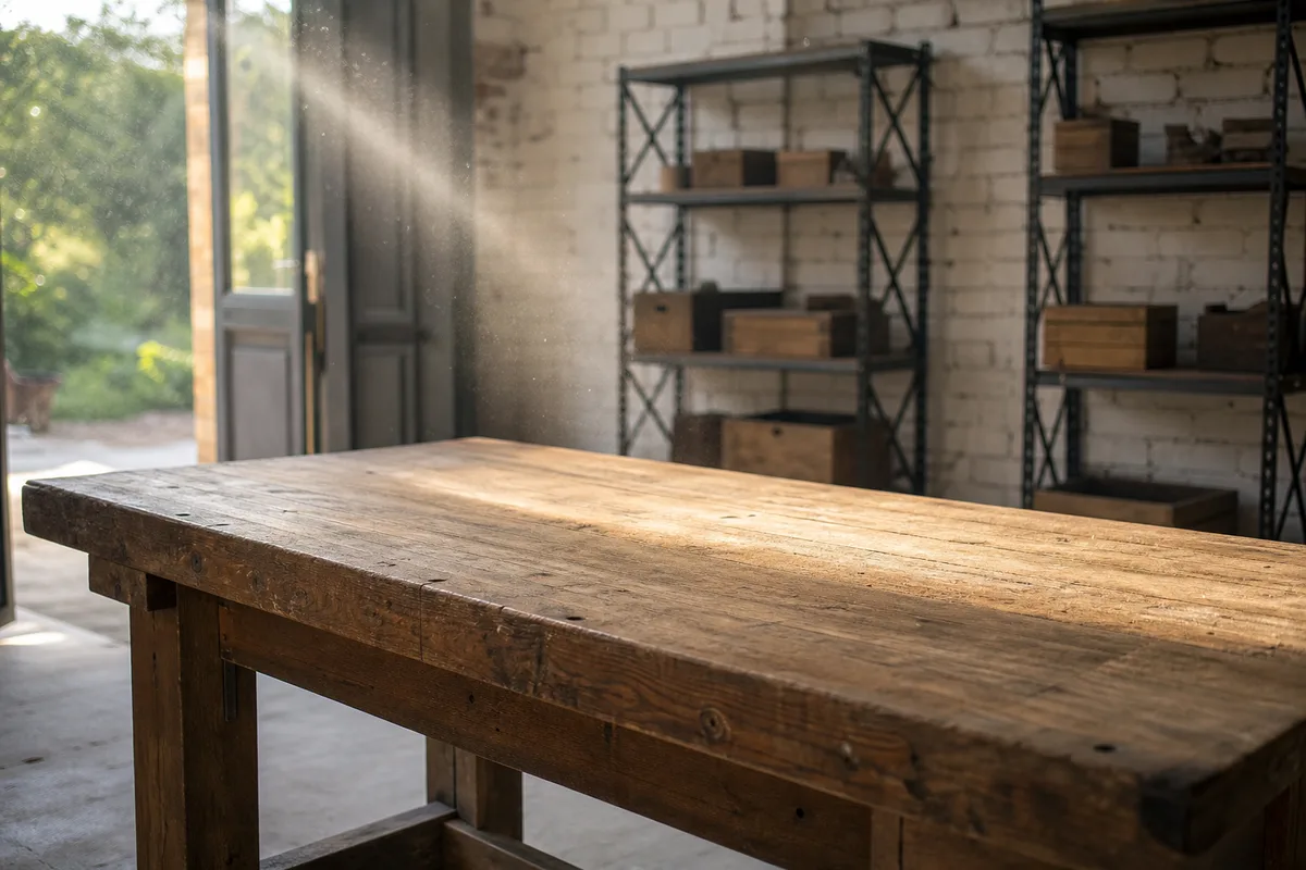 Atelier de petite entreprise française baigné de lumière naturelle, plan de travail en bois vide