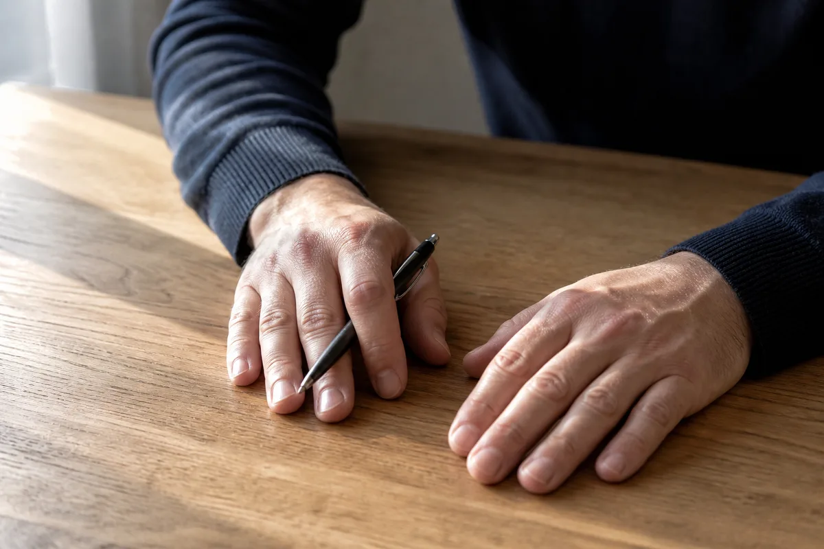 Mains d&rsquo;un dirigeant posées sur un plan de travail en chêne nu, lumière rasante de fenêtre