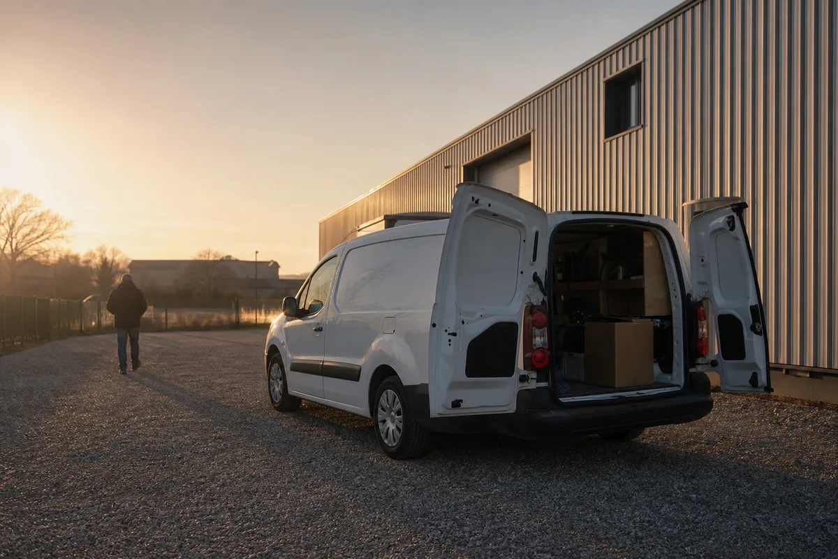 Camionnette de livraison stationnée devant un local artisanal français en fin de journée