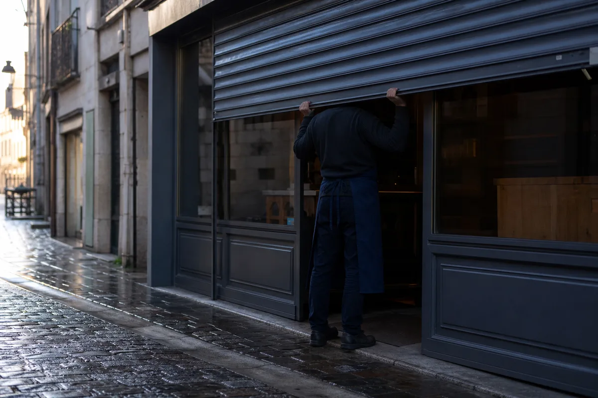 Commerce de proximité français vu de dos, silhouette d&rsquo;un commerçant devant des rayonnages en bois