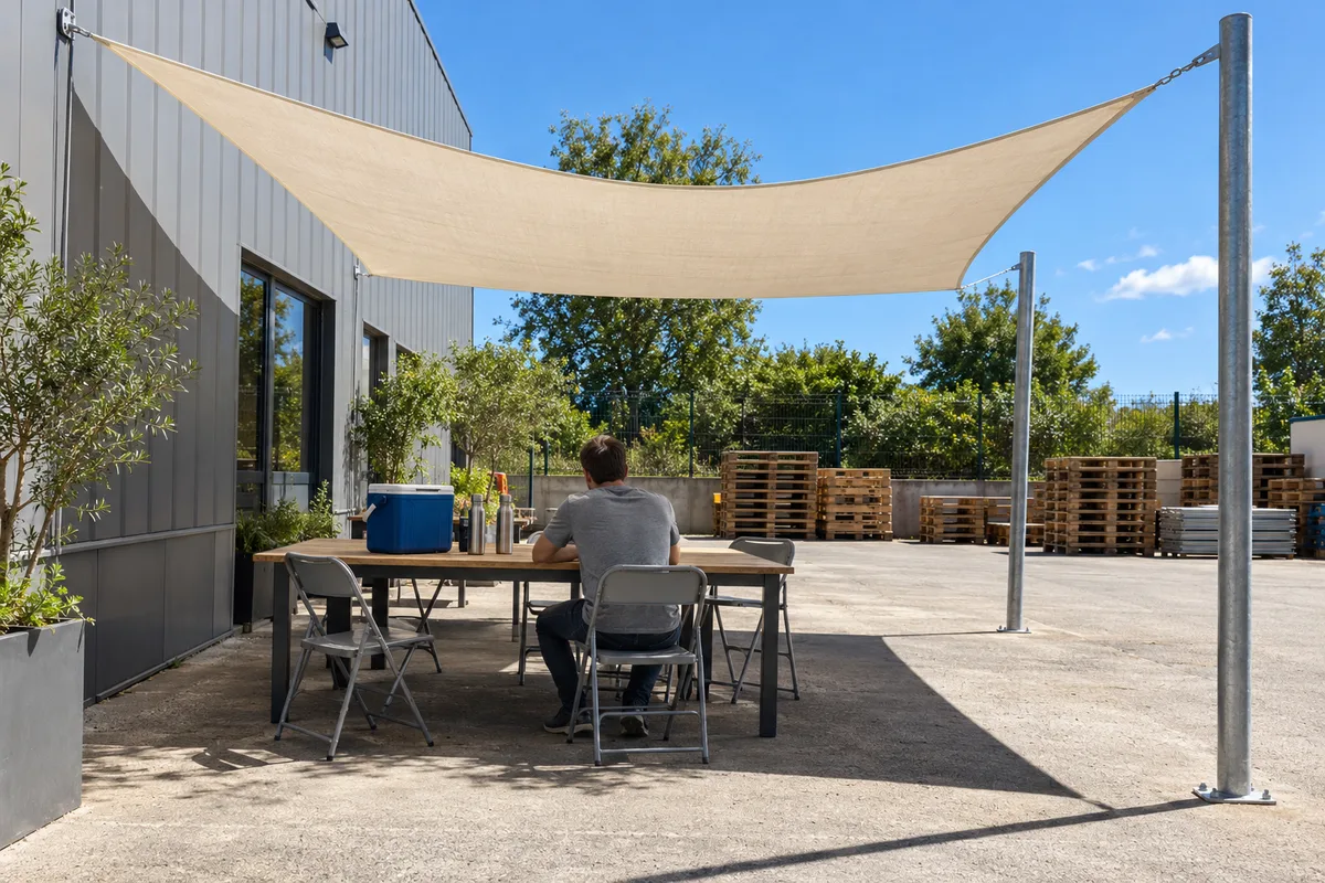 Aire de pause à l&rsquo;ombre d&rsquo;une voile tendue dans la cour arrière d&rsquo;un atelier