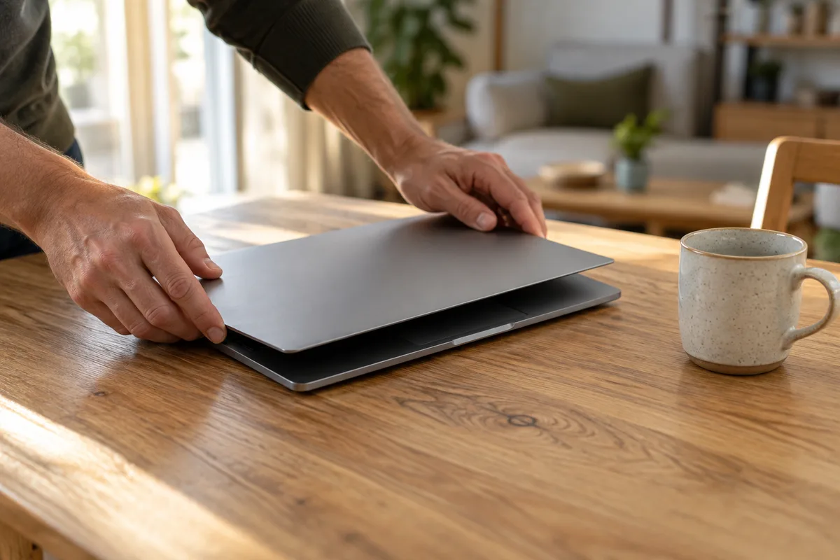 Coin bureau aménagé dans un séjour français, petite table en bois clair, chaise de travail à roulettes et lampe d’architecte