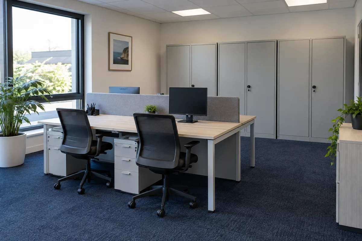 Petit local d’entreprise avec deux postes de travail libres et chaises rentrées sous les plans en stratifié clair