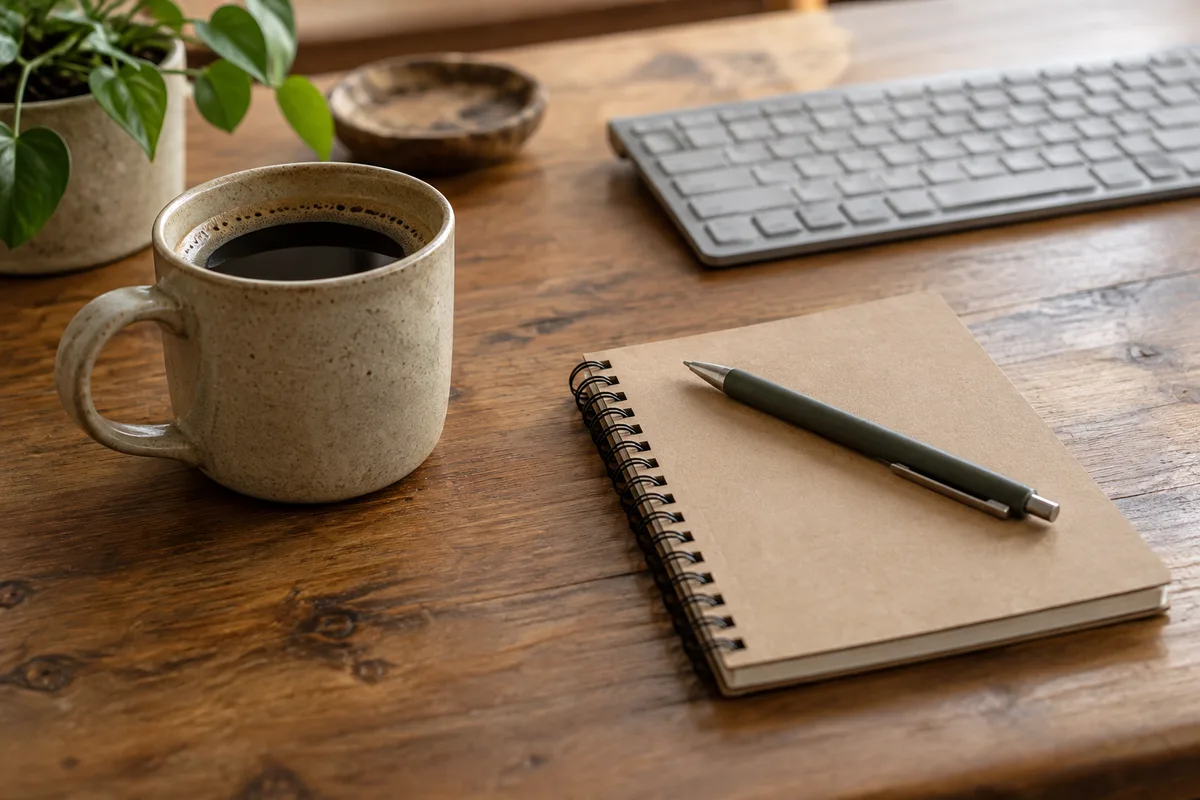 Tasse en grès et carnet à spirale fermé posés à côté d’un clavier gris sur un plan de travail en bois