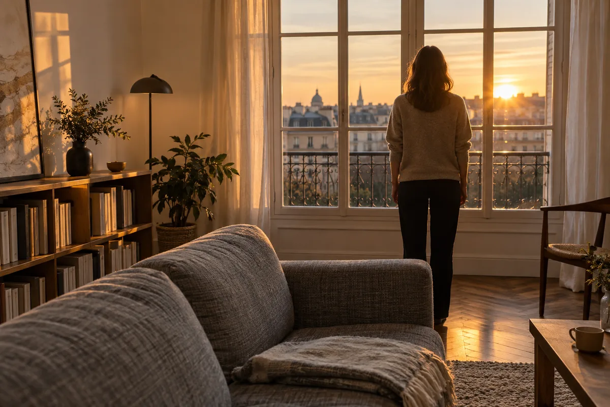 Silhouette de dos devant une fenêtre à petits carreaux dans un séjour, canapé en tissu au premier plan