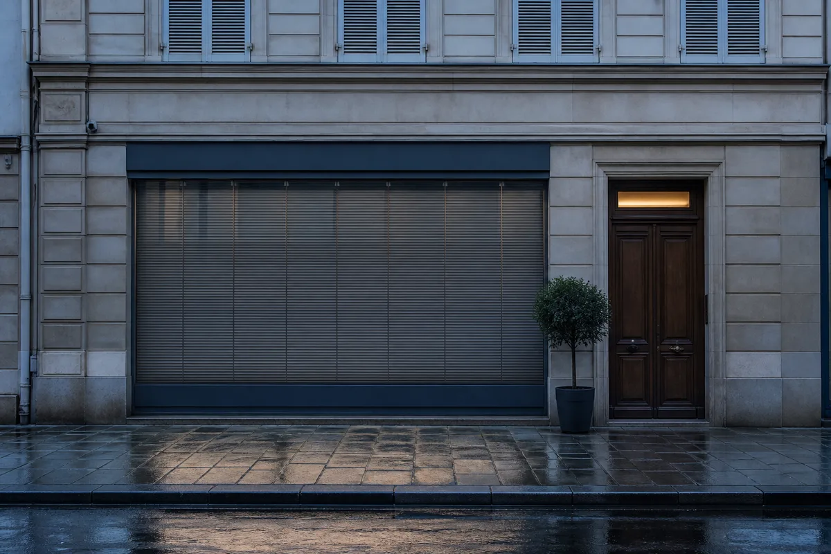 Façade sobre en pierre claire d&rsquo;un petit cabinet français au petit matin