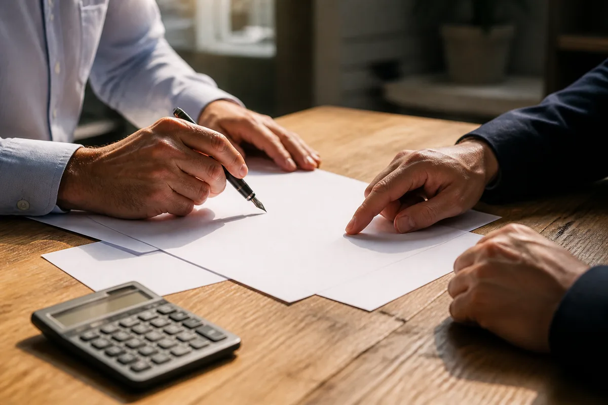 Mains d&rsquo;un dirigeant et d&rsquo;un conseiller au-dessus de feuilles vierges sur une table en chêne