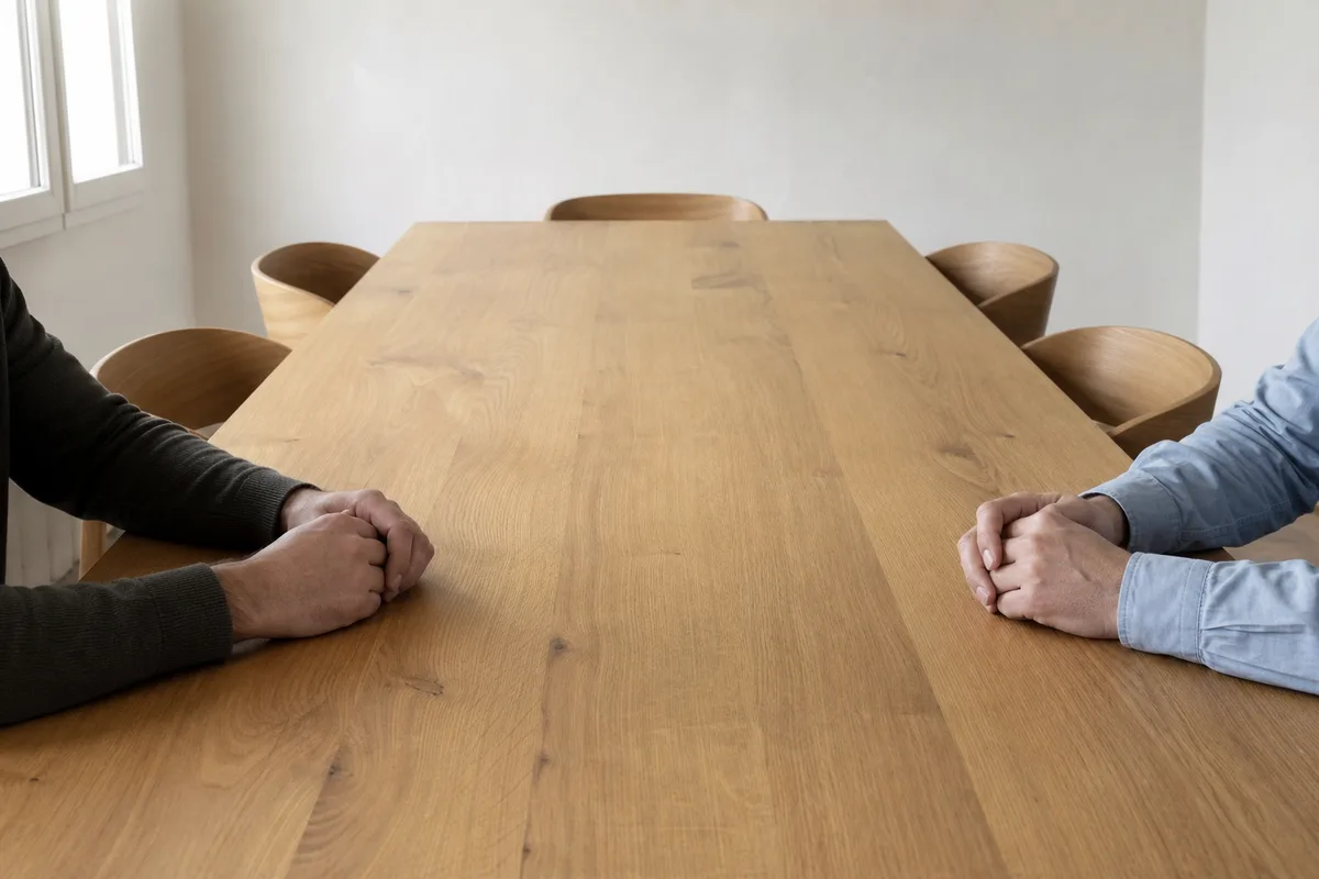 Deux paires de mains posées de part et d’autre d’une table de réunion en chêne vide dans une PME française