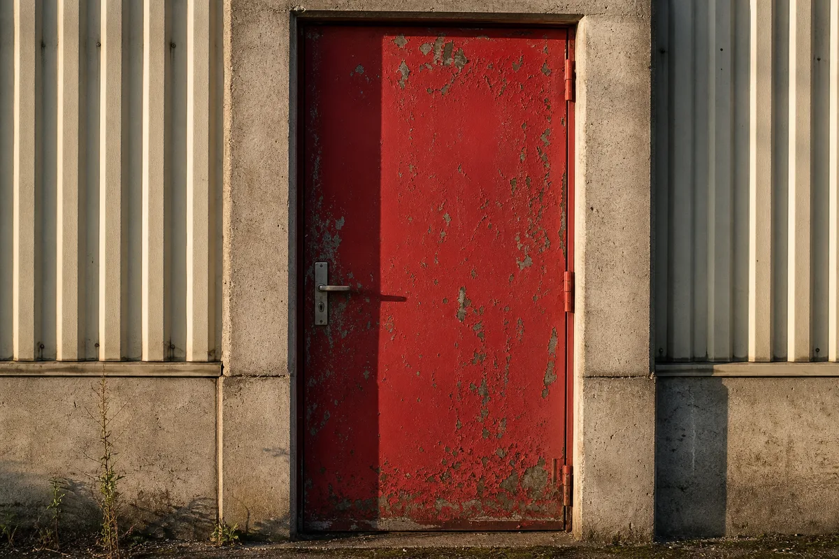 Porte métallique fermée d’un local professionnel français, peinture rouge écaillée, lumière rasante de fin d’après-midi