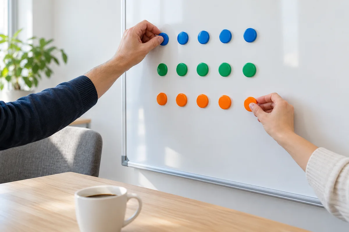 Mains plaçant des pastilles aimantées de couleur sur un tableau blanc uni de salle de réunion