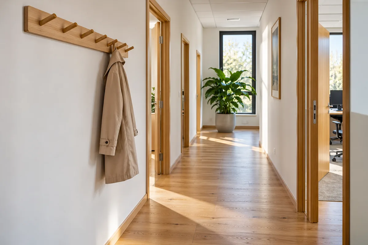 Couloir d&rsquo;entreprise vide avec une rangée de portemanteaux, un seul manteau suspendu et un parquet clair