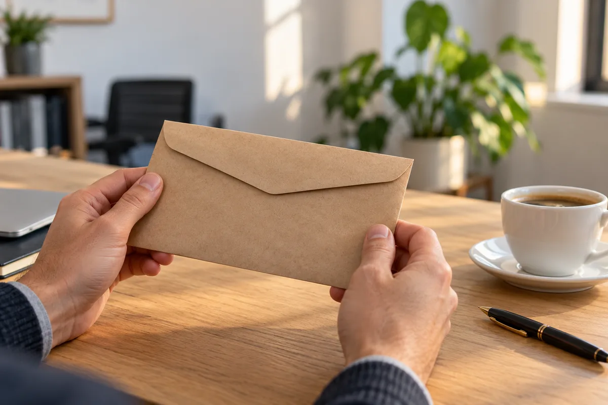 Mains tenant une enveloppe kraft fermée au-dessus d&rsquo;un bureau en bois clair près d&rsquo;une tasse de café