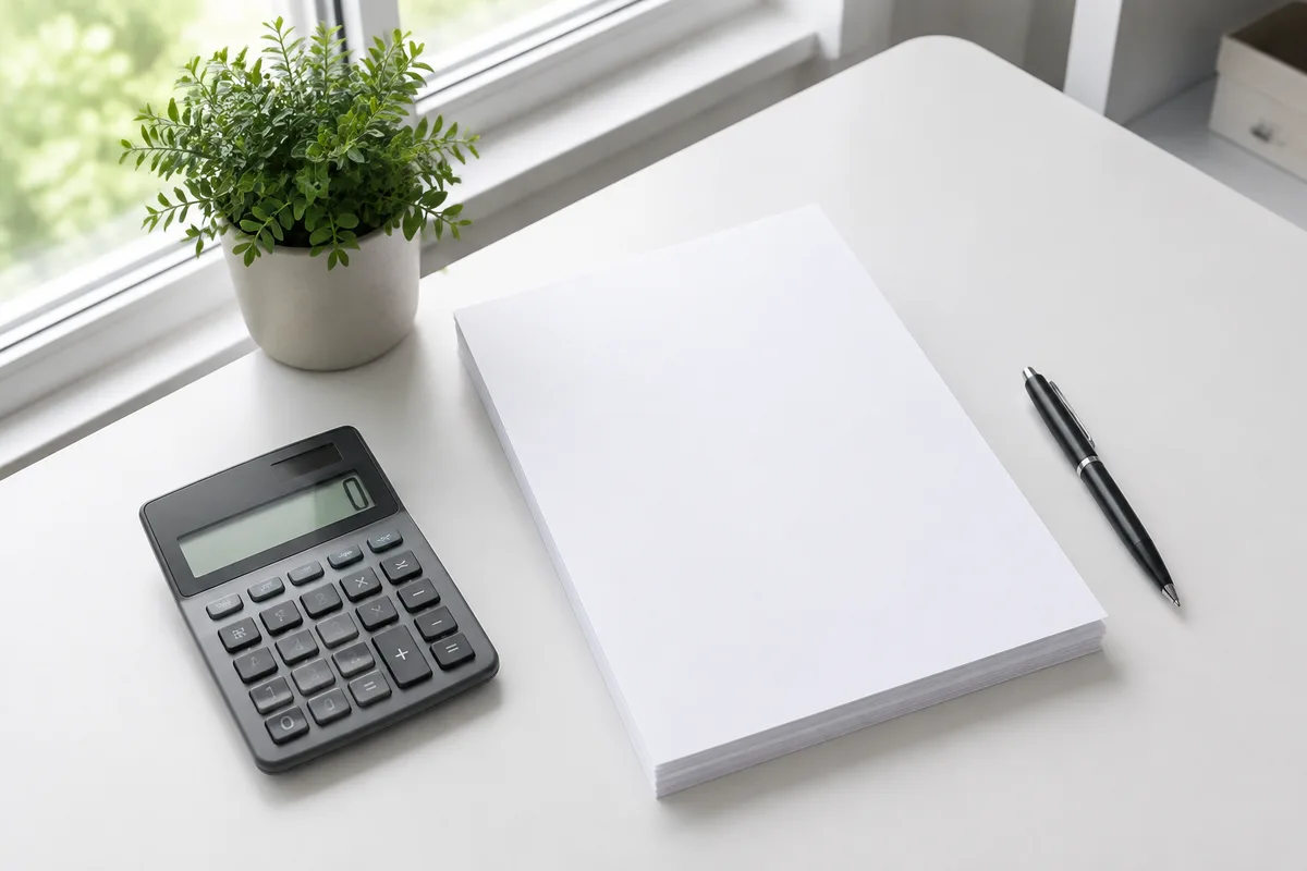 Bureau avec calculatrice, feuilles vierges et plante verte près d une fenêtre