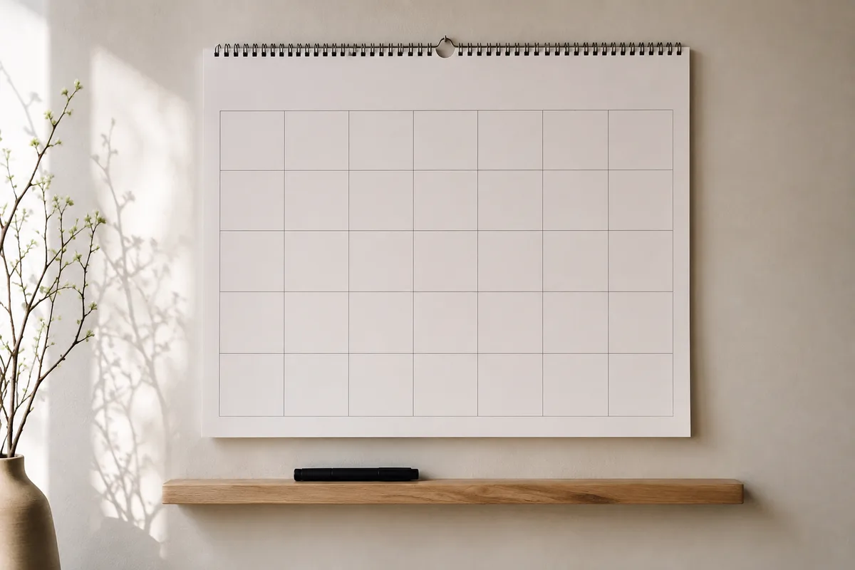 Calendrier mural à cases vierges et marqueur posé sur une tablette en bois