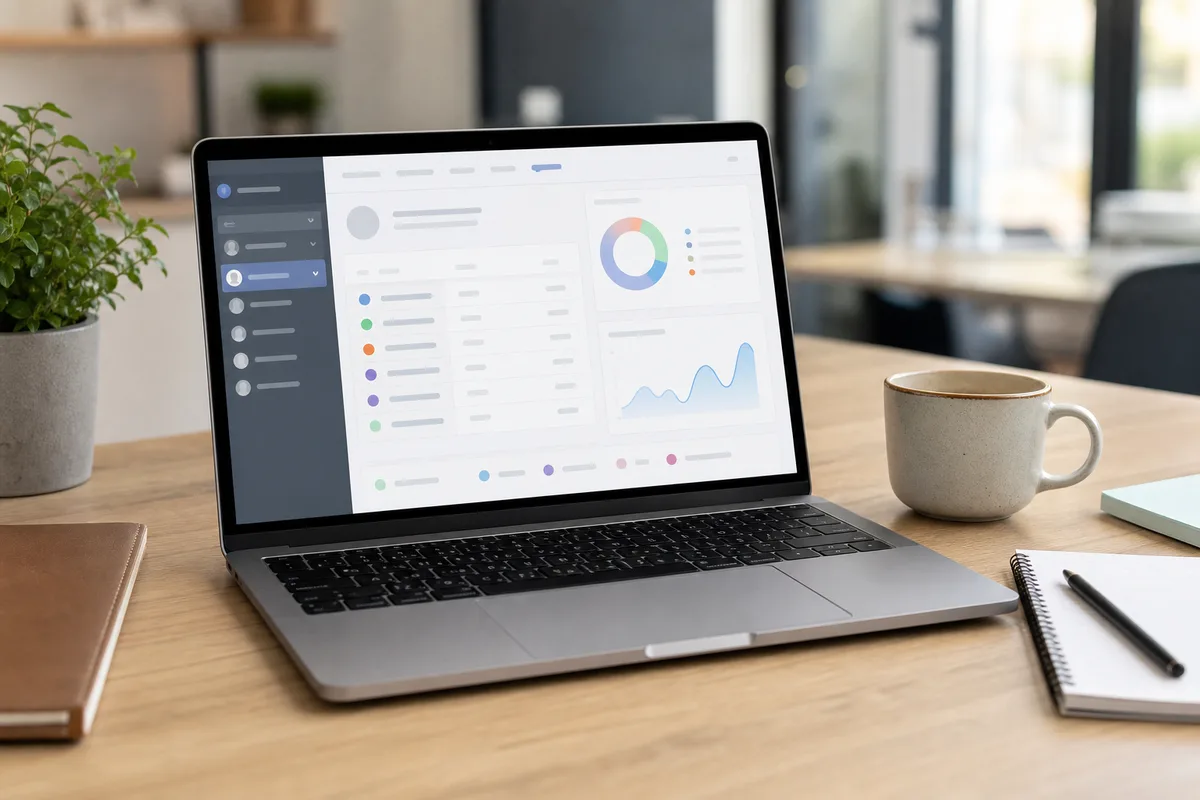 Dirigeant de PME consultant le tableau de bord d’un logiciel CRM sur un ordinateur portable dans un bureau lumineux
