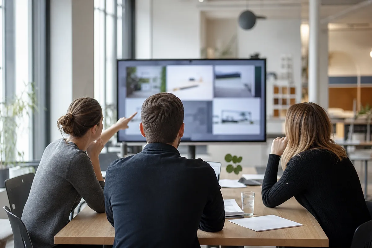 Équipe commerciale d’une petite entreprise réunie autour d’une table pour comparer des solutions logicielles