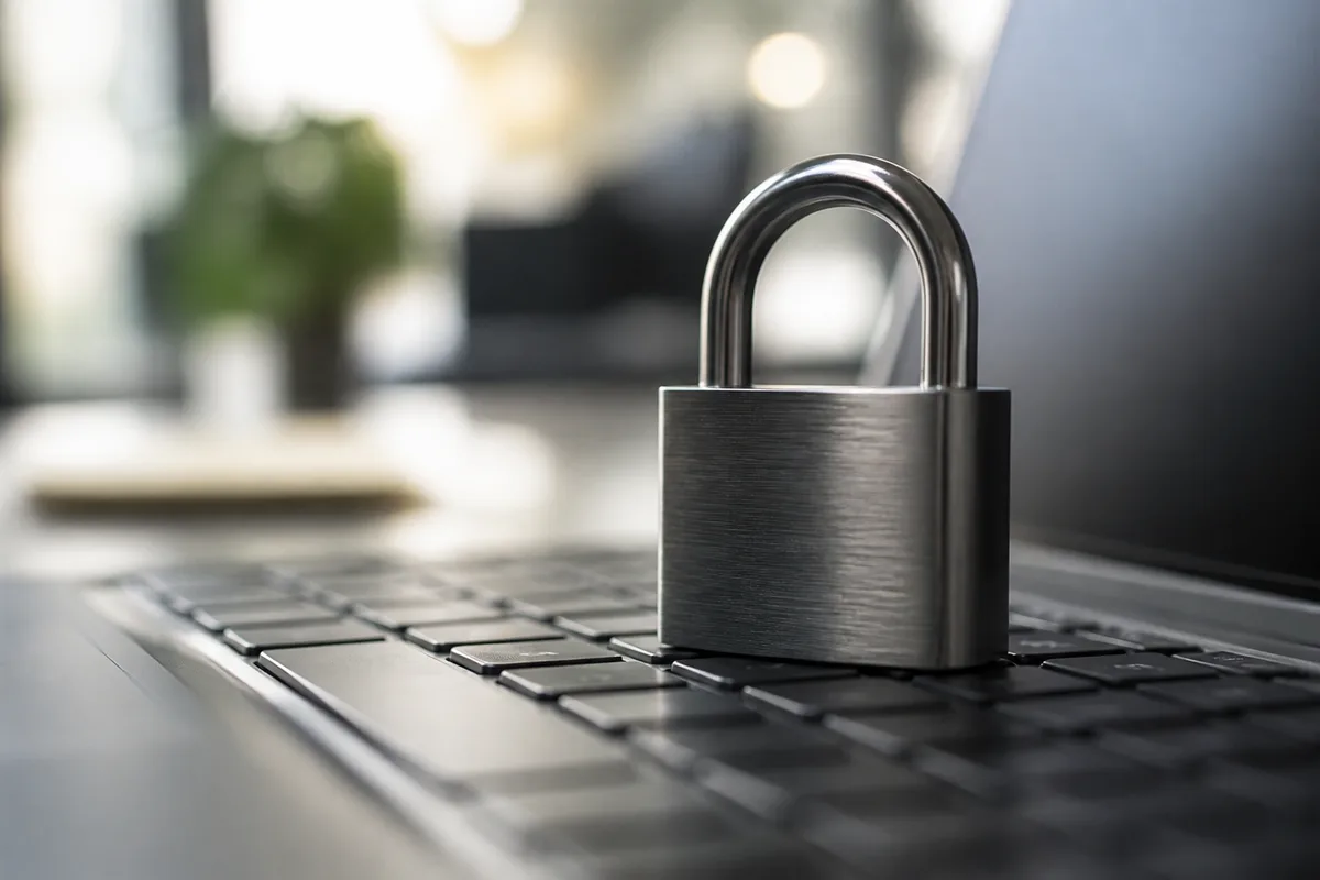 Cadenas physique posé sur le clavier d’un ordinateur portable, symbole de protection des accès