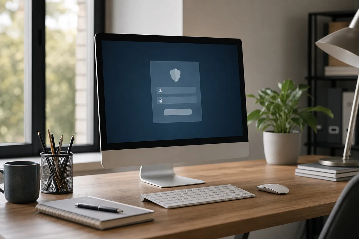 Poste de travail de bureau sécurisé avec écran de connexion protégé et ambiance professionnelle
