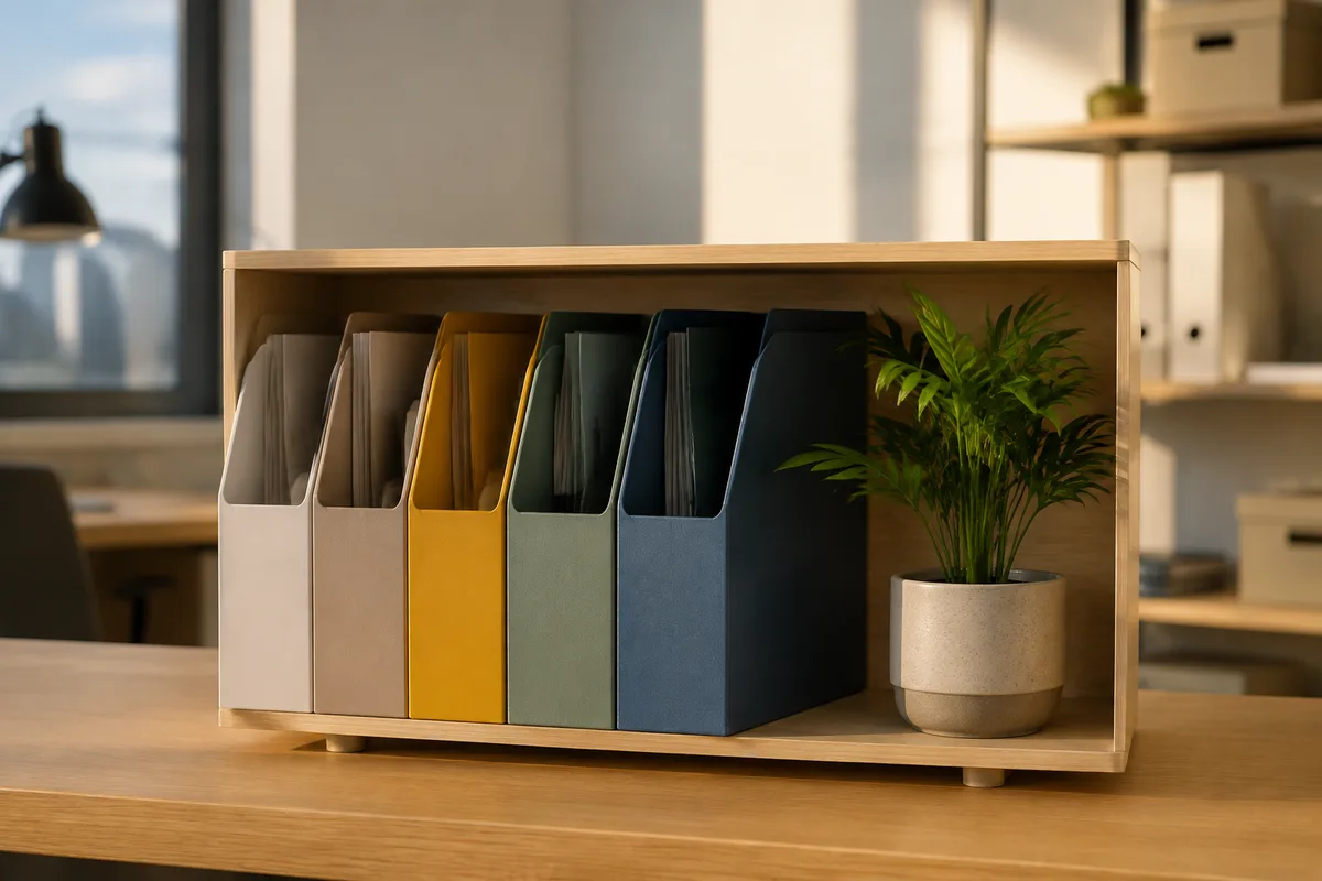 Classeurs et pochettes empilés sur une étagère de bureau bien rangée