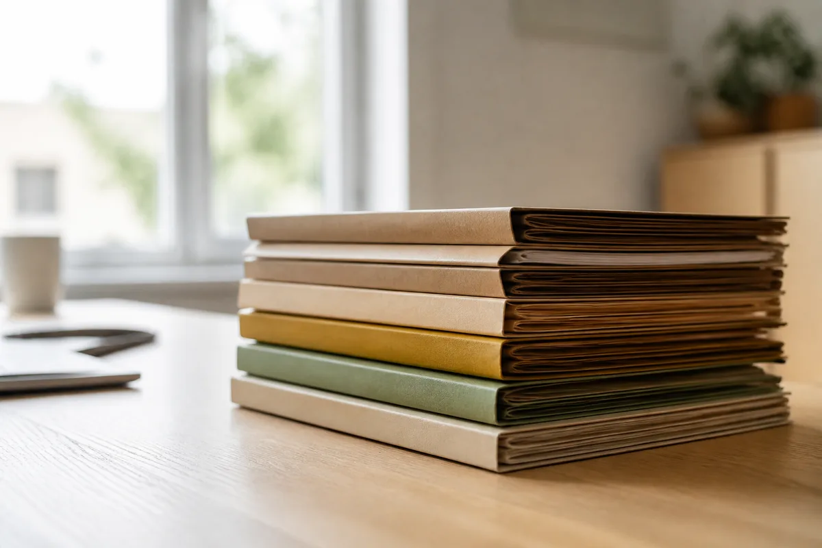 Chemises cartonnées empilées sur un bureau en bois clair, lumière naturelle latérale
