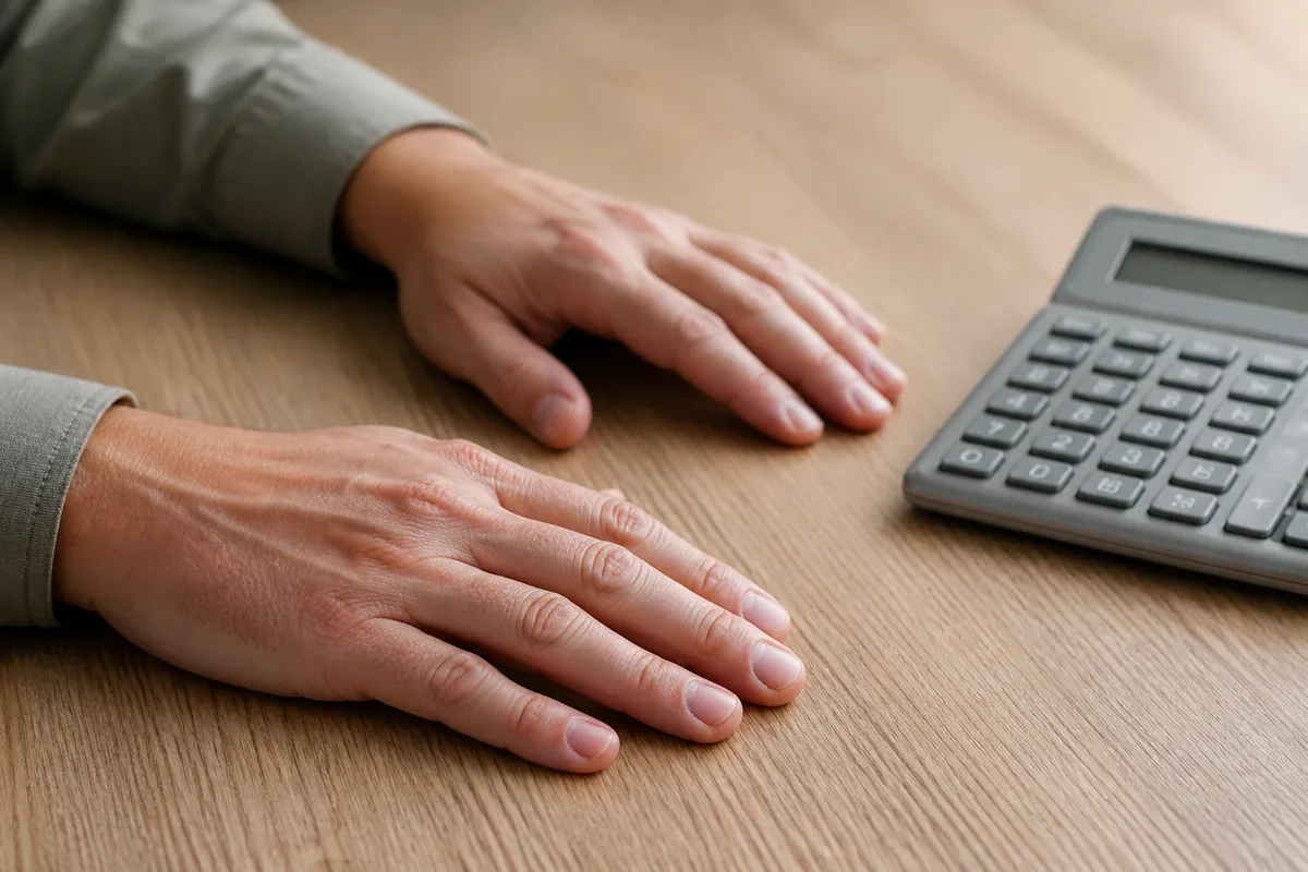 Mains posées à plat sur un plan de travail à côté d&rsquo;une calculatrice de bureau