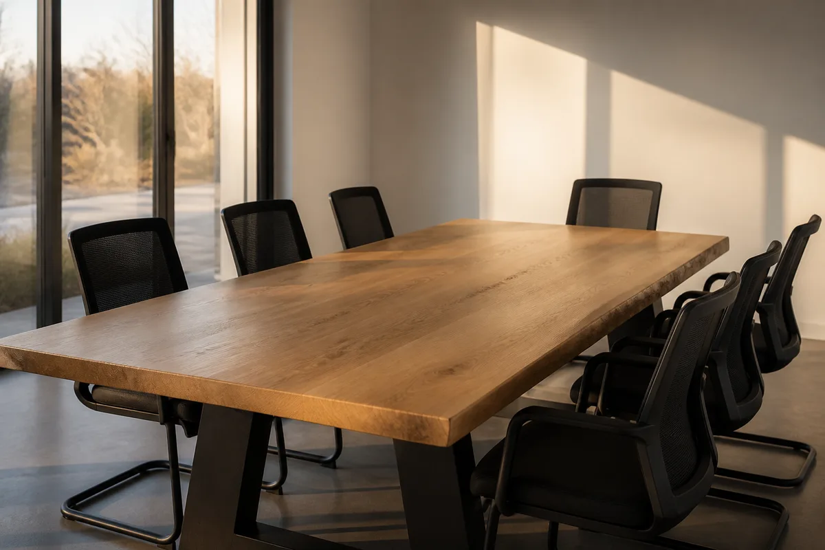 Table de réunion en chêne et chaises vides dans une PME française
