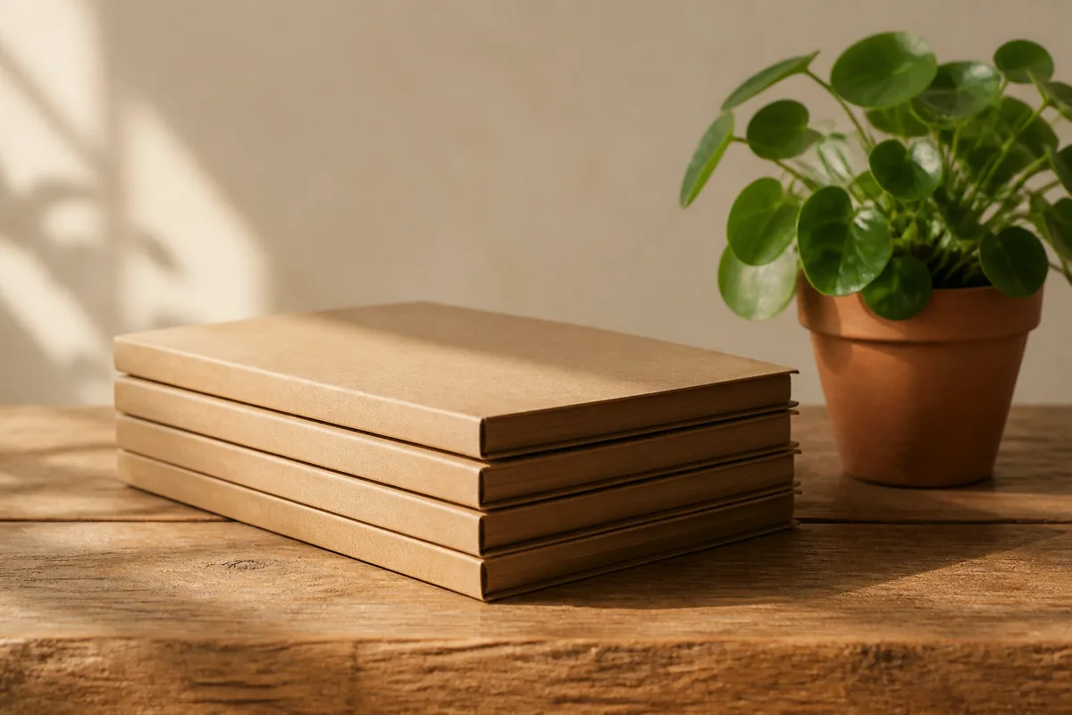 Plan de travail en bois avec une pile de chemises fermées et une plante verte