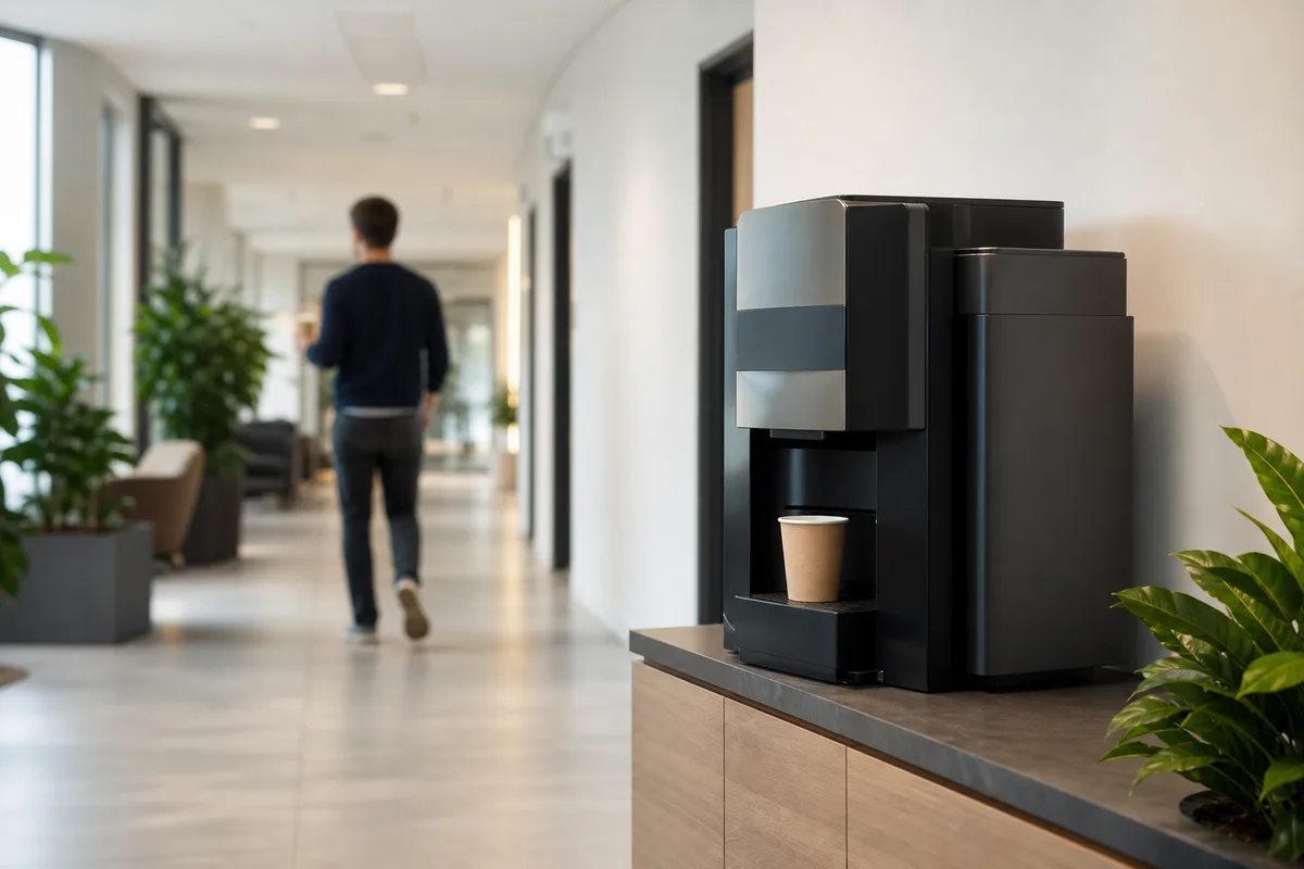 Distributeur de boissons chaudes dans un hall d&rsquo;entreprise français