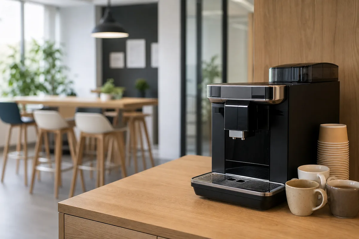 Espace pause avec machine à café professionnelle et tasses en salle de repos